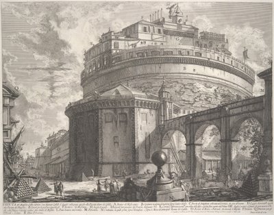 現在カステル サン アンジェロと呼ばれるハドリアヌス帝の霊廟の眺め。 1756年。 作： Giovanni Battista Piranesi