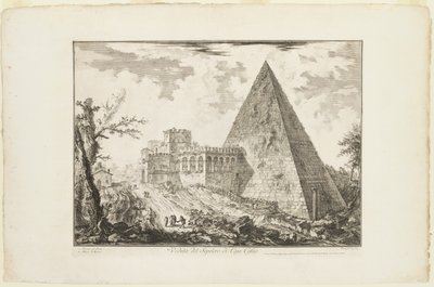 ローマの景色からのケスティウスのピラミッド型の墓の眺め 作： Giovanni Battista Piranesi