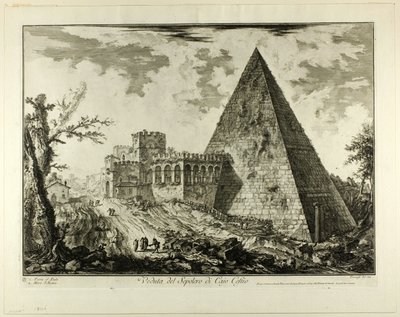 ローマの景色からのケスティウスのピラミッド型の墓の眺め 作： Giovanni Battista Piranesi