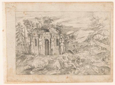 カリアティードのある古代寺院のある風景 作： Giovanni Battista Pittoni (I) (attributed to)