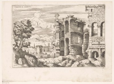 Gezicht op het Colosseum en omgeving te Rome コロッセオ ro 目論見書 (オブジェクトのタイトル) ローマの遺跡（シリーズタイトル） ローマ古代のいくつかの重要なモニュメント (...) (シリーズタイトル) 作： Giovanni Battista Pittoni (I)