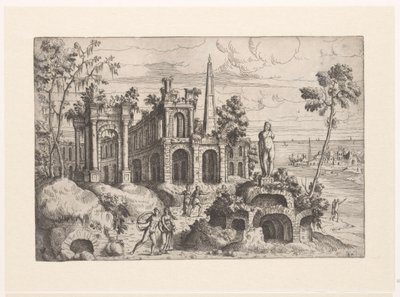 古代遺跡、彫刻、オベリスクのある風景 廃墟のある風景（連載タイトル） 作： Giovanni Battista Pittoni (I)