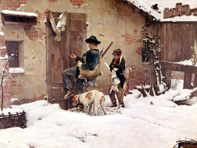 狩りから戻る。 G.Quadroneによる絵画。 1890 ミラノ 作： Giovanni Battista Quadrone