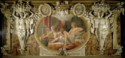 ダナエ、フランシスコ1世のギャラリーの装飾スキームの詳細、1530年〜40年のフレスコ画 作： Giovanni Battista Rosso Fiorentino