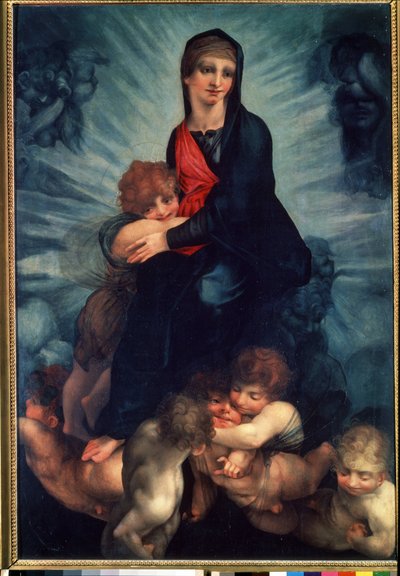 The Virgin and the Child with angels (聖母子と天使)。 フィオレンティーノ ロッソ (1495-1540) の絵画。 キャンバスに油彩 作： Giovanni Battista Rosso Fiorentino