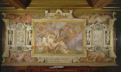 アドニスの死、フランシスコ1世のギャラリーの装飾的なスキームの詳細、1530年〜40年のフレスコ画と漆喰 作： Giovanni Battista Rosso Fiorentino