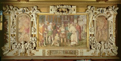 州の統一、フランシス1世のギャラリーの装飾スキームの詳細、1530年〜40年のフレスコ画と漆喰 作： Giovanni Battista Rosso Fiorentino