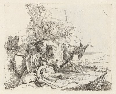 小さなサテュロスと 2 頭のヤギを持つニンフ、Vari capricci (Various Capriccios) より 作： Giovanni Battista Tiepolo