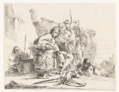 他の人々と花瓶の隣に座っている男の子 作： Giovanni Battista Tiepolo