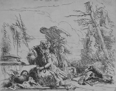 鎖につながれた女性と骨の山に関するその他の人物、カプリッチ、1743年。 作： Giovanni Battista Tiepolo