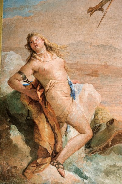 アンジェリカの詳細、ルッジェーロ解放アンジェリカ、パラッツィーナのオーランドフリオオソの部屋、1757年 作： Giovanni Battista Tiepolo