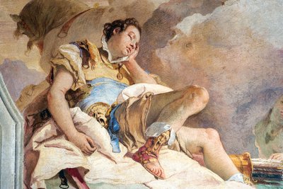 1757年パラッツィーナに納品されたエルサレムの部屋から眠っているリナルドを誘拐したアルミダのリナルドの詳細、1757年 作： Giovanni Battista Tiepolo