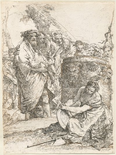頭蓋骨と骨のある燃える祭壇の前の魔術師と他の人物 作： Giovanni Battista Tiepolo