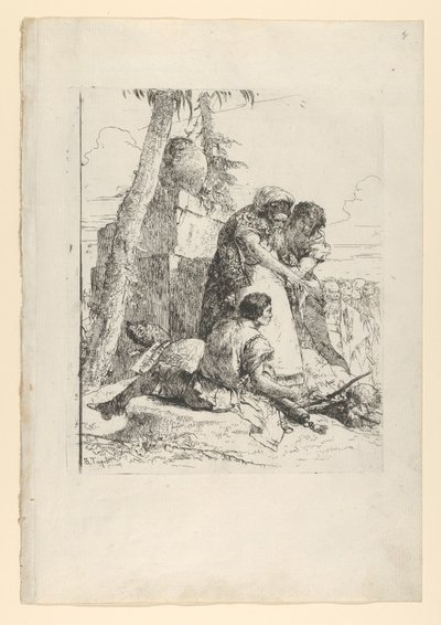 魔術師が燃える頭を 2 人の若者に向けている。Scherzi から。 1743-50。 作： Giovanni Battista Tiepolo