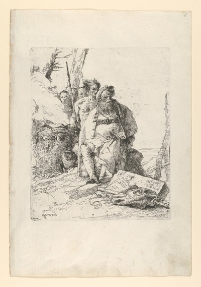 スケルツィの煙る祭壇の近くに 4 人の人物を持つ魔術師、カリフォルニア州。 1743-52。 作： Giovanni Battista Tiepolo