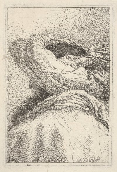 4分の3のビューで後ろからバスト長形式で描かれたターバンの男、... 1770。 作： Giovanni Battista Tiepolo