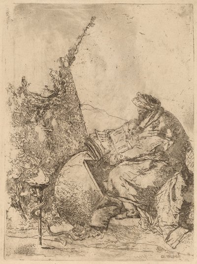座っている哲学者、地球儀、本、コンパス 作： Giovanni Battista Tiepolo