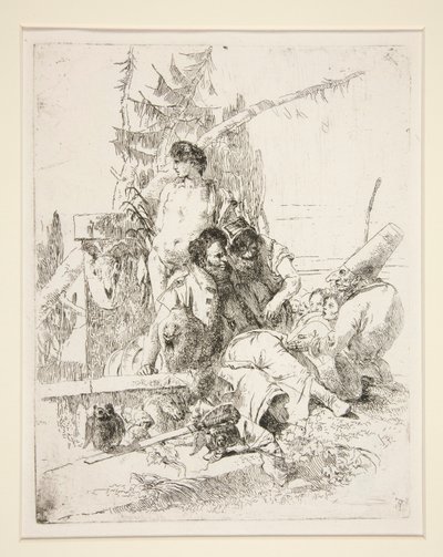 2 人の魔術師に話しかけるパンチネッロ、シリーズ「幻想曲スケルツィ」より 作： Giovanni Battista Tiepolo