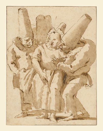 女性に近づくパンチネロス 作： Giovanni Battista Tiepolo