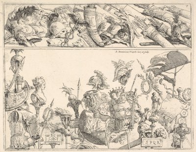 ローマの武器、標準、およびトロフィー。1774年に2つの水平バンドに分割された構成。 作： Giovanni Battista Tiepolo