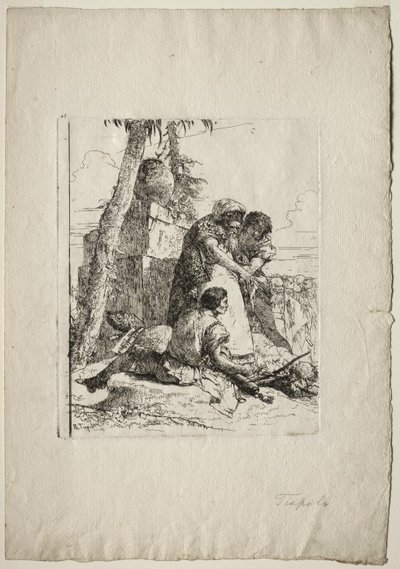 スケルツィ・ディ・ファンタジア: 燃える頭を二人の若者に向ける魔術師 作： Giovanni Battista Tiepolo