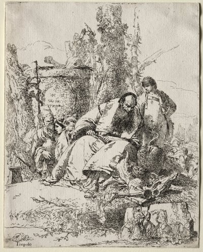 スケルツィ ディ ファンタジア: 座っている魔術師、少年、4 人の人物 作： Giovanni Battista Tiepolo