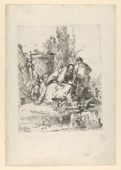 スケルツィ ディ ファンタジアの着席魔術師、少年、4 体の人物。 1743-50。 作： Giovanni Battista Tiepolo