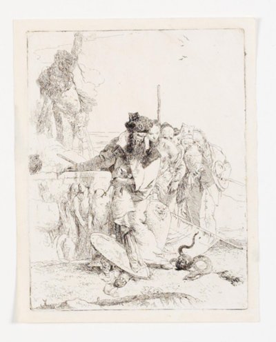 ヘビを見ている6人。 シリーズ Scherzi di fantasia のシート。 (リジ 15; デ ベスメ 24) 作： Giovanni Battista Tiepolo