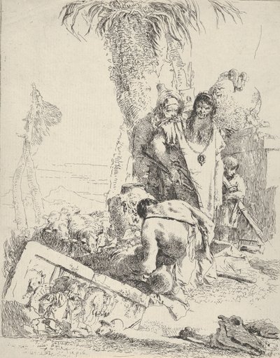 2 人の魔術師を連れた羊飼い、Scherzi から。 1743-57。 作： Giovanni Battista Tiepolo