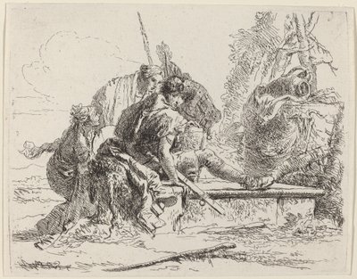 周囲の人物と一緒に墓に座っている兵士 作： Giovanni Battista Tiepolo