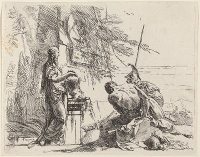 オベリスクの前に立っている女性と座っている男性 作： Giovanni Battista Tiepolo