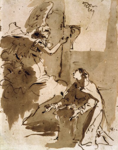 受胎告知（紙にペンと茶色のインクと茶色のウォッシュ） 作： Giovanni Battista Tiepolo