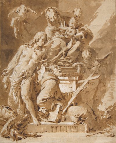 聖セバスチャンとフランシスコ会の聖人に即位した聖母子、1696-1770年。 作： Giovanni Battista Tiepolo