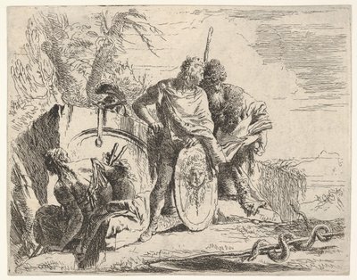 18世紀、3人の人物とヘビがスタッフに巻き付けられ、風景に囲まれました。 作： Giovanni Battista Tiepolo