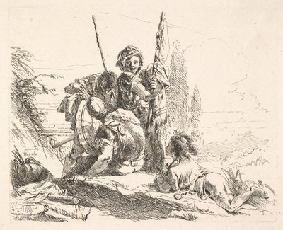 3人の兵士と風景の中で彼の腹部に横たわっている若者、兵士は...、ca。 1740-42。 作： Giovanni Battista Tiepolo