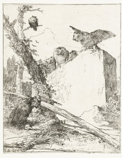石の近くにフクロウがいるスケルツィ ディ ファンタジアのタイトル プリント Scherzi di fantasia (シリーズタイトル) 作： Giovanni Battista Tiepolo