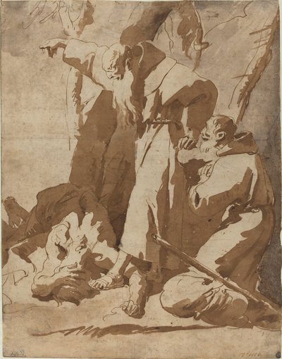 土下座の男性と 2 人の修道士 作： Giovanni Battista Tiepolo