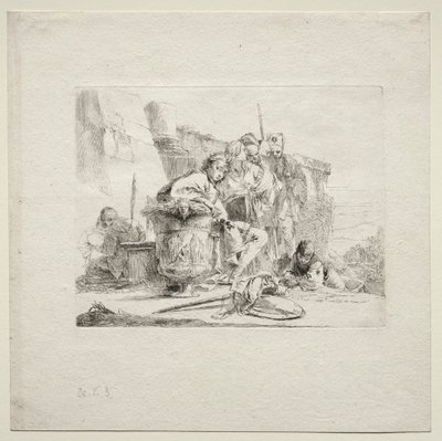 様々な気まぐれ：壷にもたれかかって座っている青年 作： Giovanni Battista Tiepolo