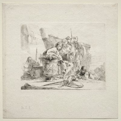 さまざまなカプリース：座っている若い男、骨壷に寄りかかる、1785年。 作： Giovanni Battista Tiepolo