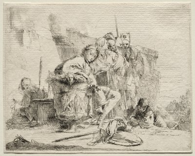 さまざまなカプリース：座っている若い若者、骨壷に寄りかかって。 作： Giovanni Battista Tiepolo