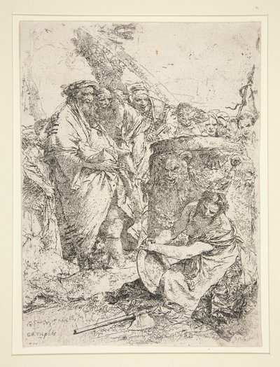 シリーズ Scherzi から、ひざまずいて皿を持つ女性 作： Giovanni Battista Tiepolo