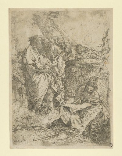 マジシャンや他の人物の前でひざまずく女性、スケルツィ、カリフォルニア州. 1740年。 作： Giovanni Battista Tiepolo