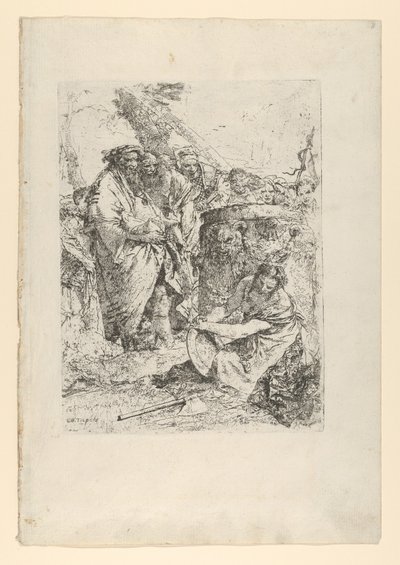 魔術師や他の人物の前でひざまずく女性、カリフォルニア州スケルツィから。 1743-50。 作： Giovanni Battista Tiepolo