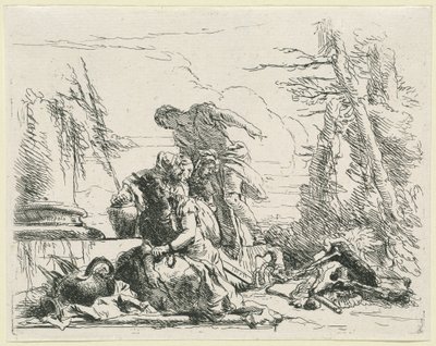 燃える骨の山に関する女性と男性 作： Giovanni Battista Tiepolo