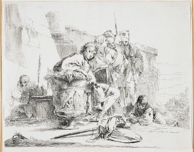 若い男が座っている、骨壷に寄りかかって、Vari Capricci（Various Caprices）のプレート、1740年代 作： Giovanni Battista Tiepolo