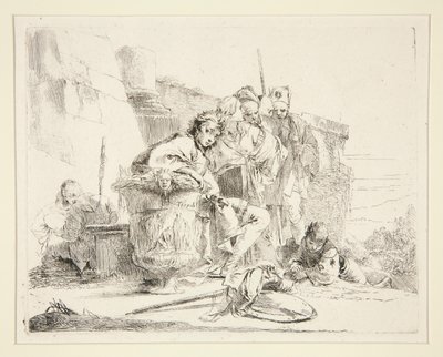 ヴァリ・カプリッチシリーズより、壷に座って寄りかかる青年 作： Giovanni Battista Tiepolo