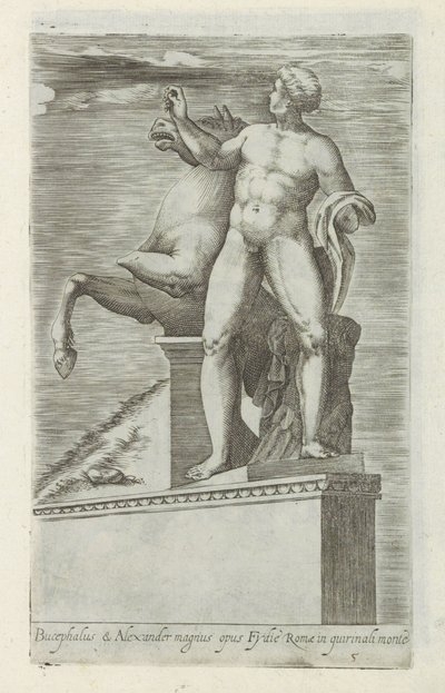 彫刻家 van een van de Dioscuren op het Quirinaal te Rome Bucephalus & Alexander の偉大な作品 (...) (オブジェクトのタイトル) ローマのアンティーク彫刻（シリーズタイトル） 公共の場所で見られるローマ市の古代の彫像のアイコン (シリーズ タイトル) 作： Giovanni Battista de