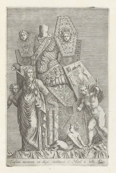 Trofee van wapans, een vrouwenfiguur en engelen 一部の人が考える大理石のトロフィー (...) (オブジェクトのタイトル) ローマのアンティーク彫刻（シリーズタイトル） 公共の場所で見られるローマ市の古代の彫像のアイコン (シリーズ タイトル) 作： Giovanni Battista de