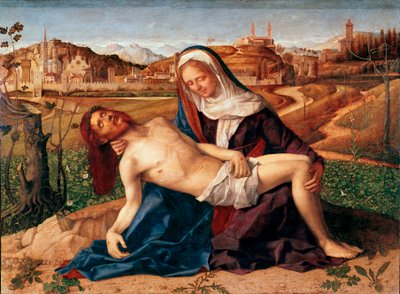 キリストは、聖母ピエタの腕の中で死んだ。ジョヴァンニ・ベッリーニ（イル・ジャンベッリーノ）（1432 ca.-1516）の絵画 1505年 薄暗い 65x90 cm。ヴェネツィア、アカデミア美術館のギャラリー 作： Giovanni Bellini