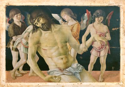 天使に支えられた死んだキリスト、1475年頃（木の板に油とテンペラ） 作： Giovanni Bellini